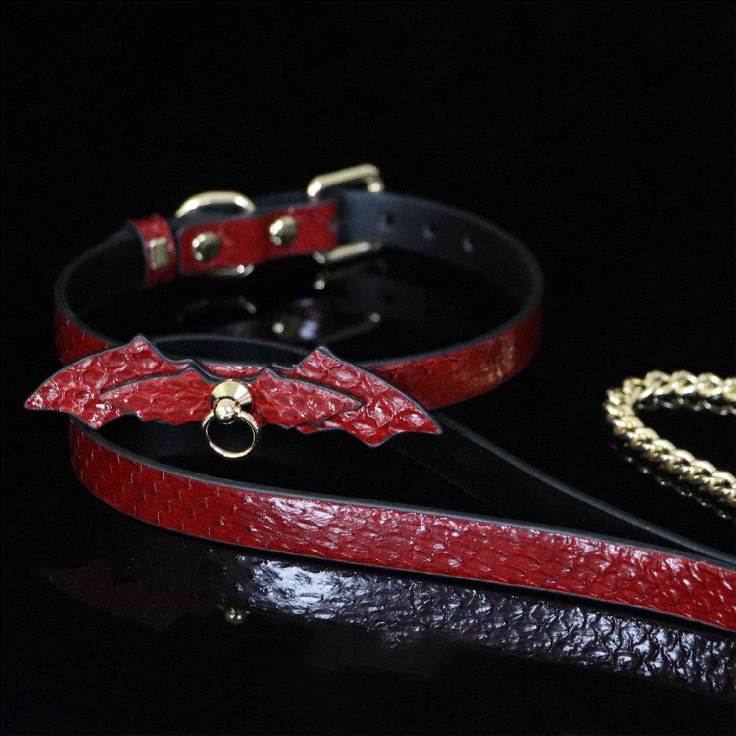 Crimson Nocturne - Exotic Bat-Wing Leather BDSM Collar