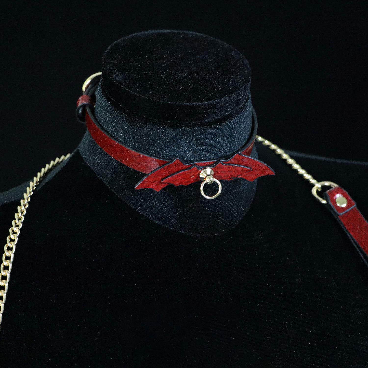 Crimson Nocturne - Exotic Bat-Wing Leather BDSM Collar