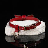 Scarlet Devotion - Red Leather Bow BDSM Collar with Heart Jewel
