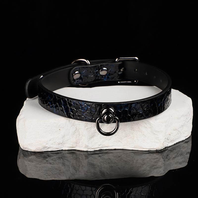 Midnight Serpent - Iridescent Obsidian O-Ring Leather Collar