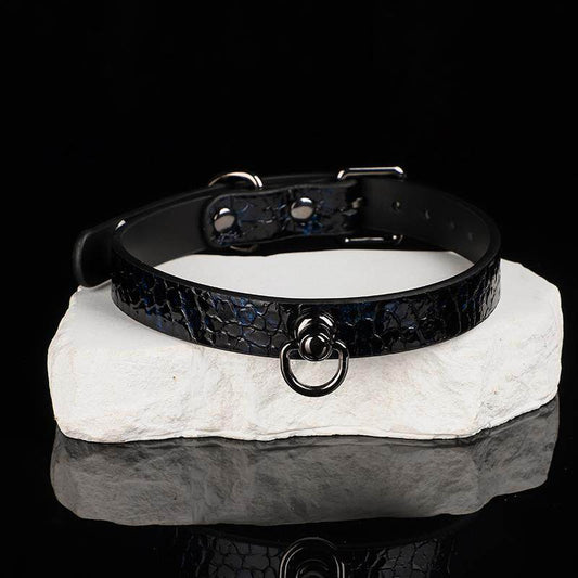 Midnight Serpent - Iridescent Obsidian O-Ring Leather Collar
