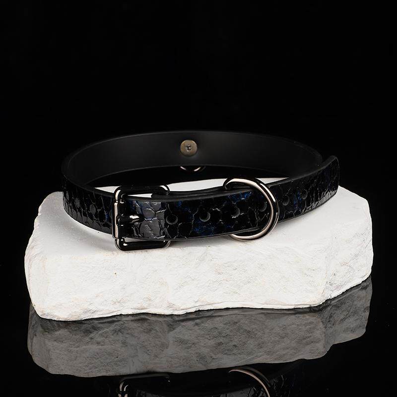 Midnight Serpent - Iridescent Obsidian O-Ring Leather Collar