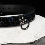 Midnight Serpent - Iridescent Obsidian O-Ring Leather Collar