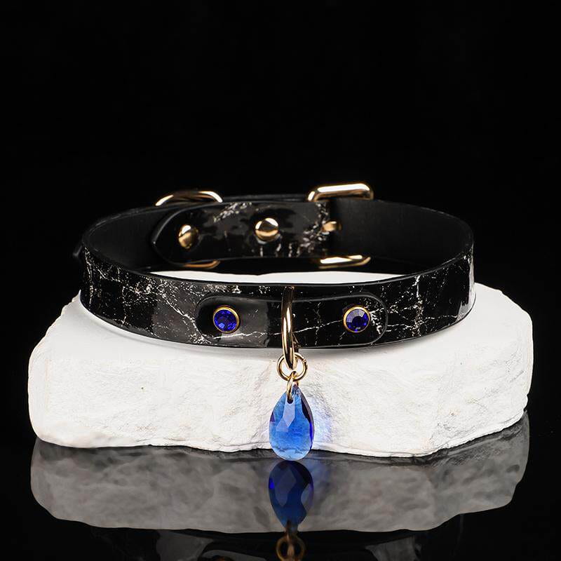 Celestial Tear - Marble Textured Leather Collar with Cobalt Gemstone