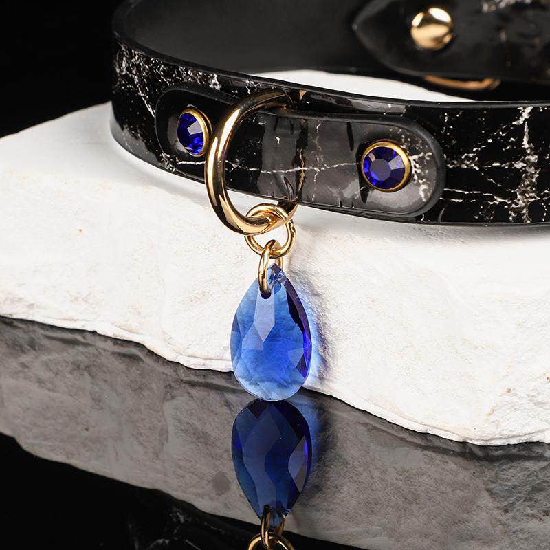 Celestial Tear - Marble Textured Leather Collar with Cobalt Gemstone