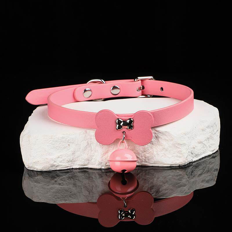 Shadow Play - Matte Black Leather Bell & Bow Cute Collar