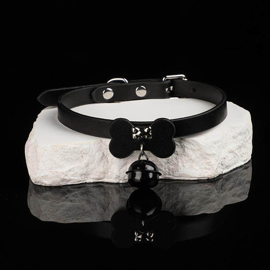 Shadow Play - Matte Black Leather Bell & Bow Cute Collar