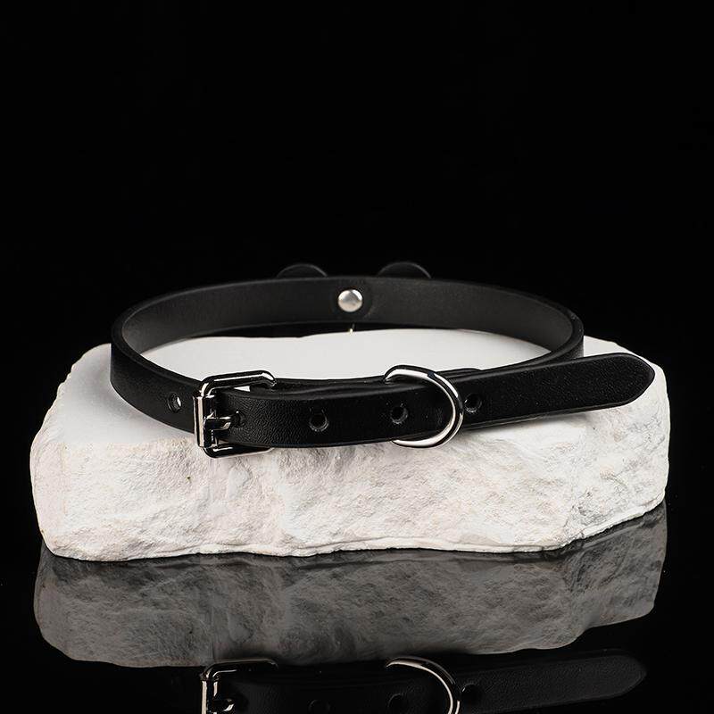 Shadow Play - Matte Black Leather Bell & Bow Cute Collar