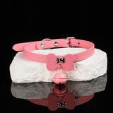 Shadow Play - Matte Black Leather Bell & Bow Cute Collar