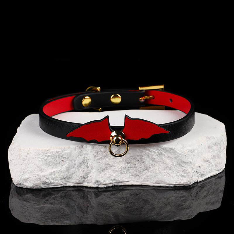 Scarlet Nocturne - Bat Winged Crimson Leather Collar