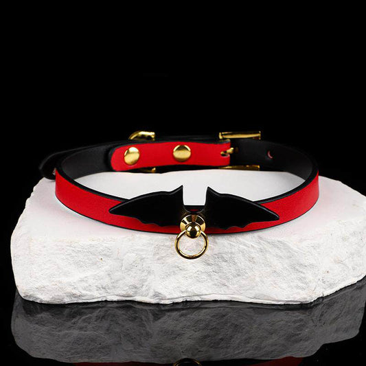 Scarlet Nocturne - Bat Winged Crimson Leather Collar