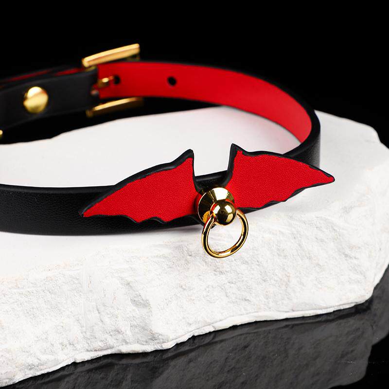 Scarlet Nocturne - Bat Winged Crimson Leather Collar
