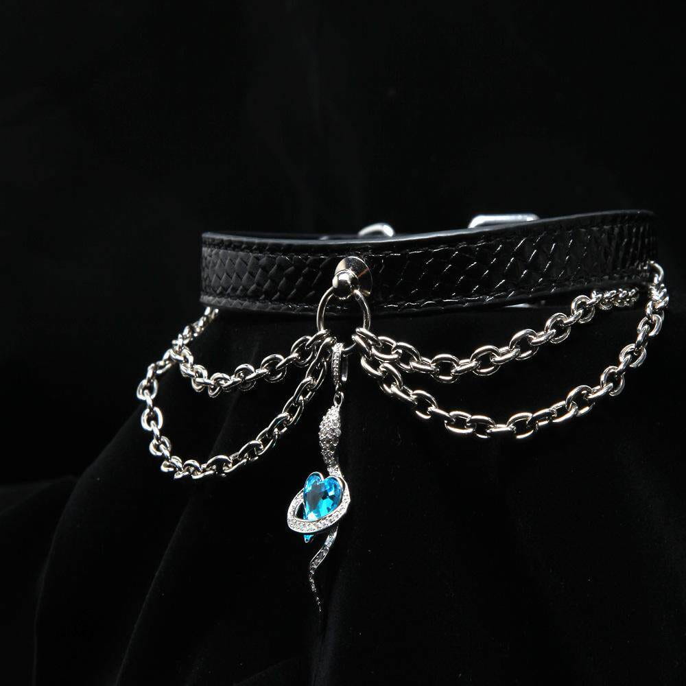 Azure Serpent's Enigma - Silver Draped Leather Collar