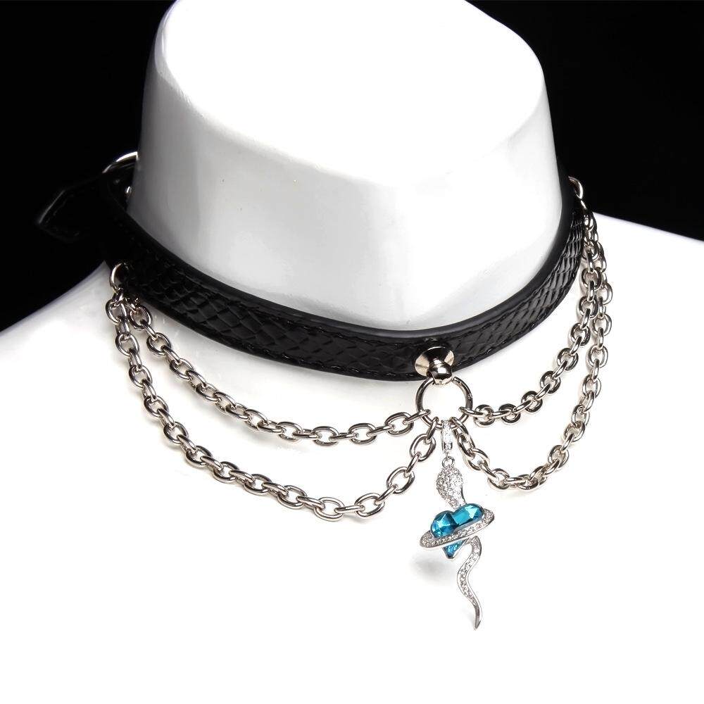 Azure Serpent's Enigma - Silver Draped Leather Collar