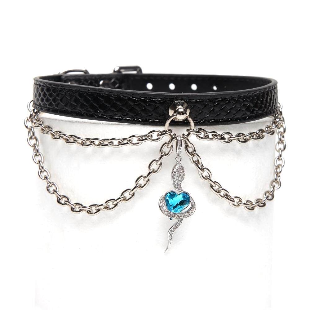 Azure Serpent's Enigma - Silver Draped Leather Collar