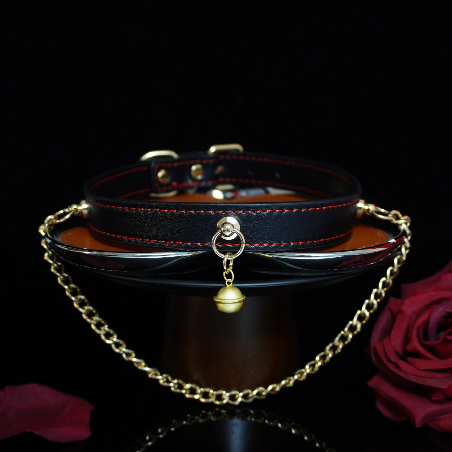 Midnight Chime - Red-Stitched Leather Bell Collar with Draped Chains