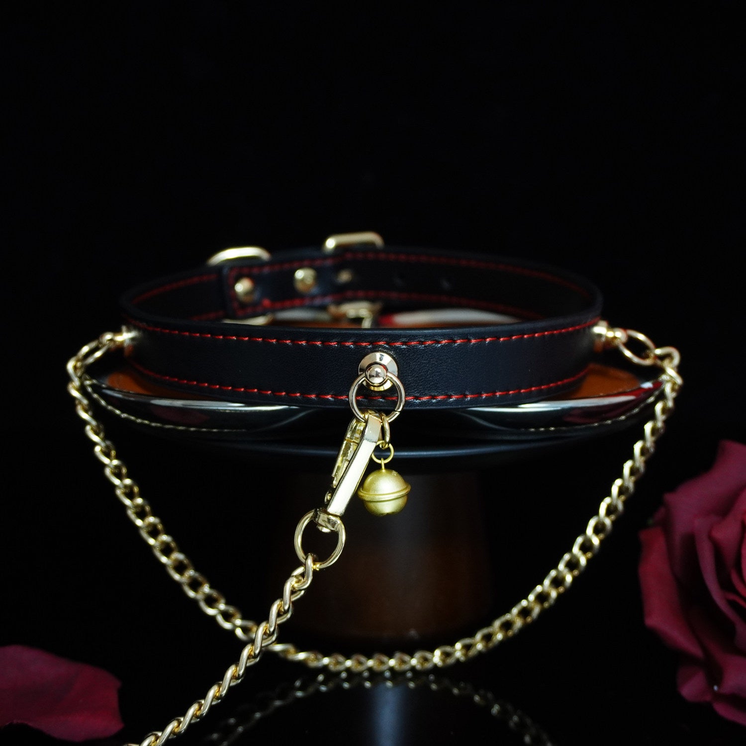 Midnight Chime - Red-Stitched Leather Bell Collar with Draped Chains