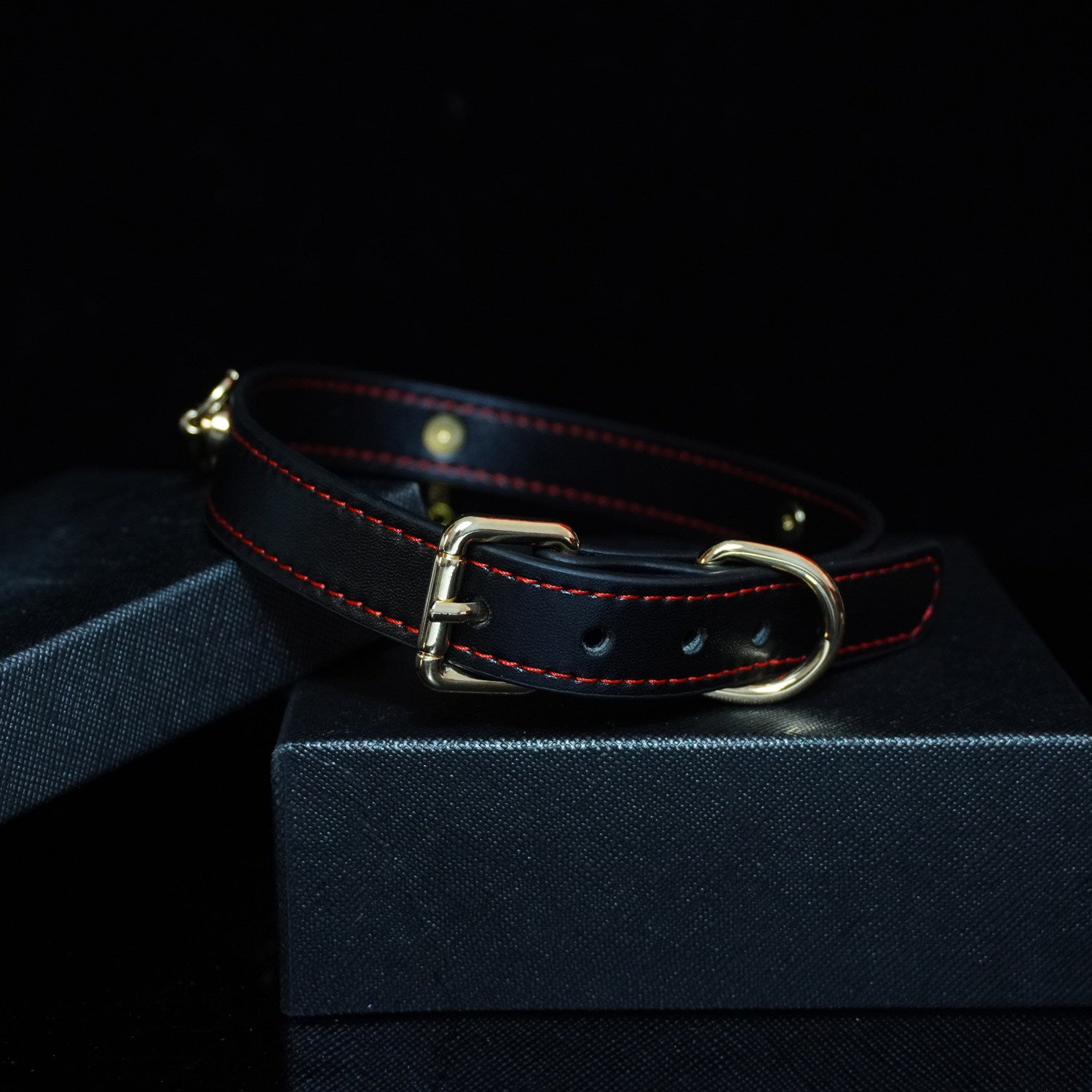 Midnight Chime - Red-Stitched Leather Bell Collar with Draped Chains