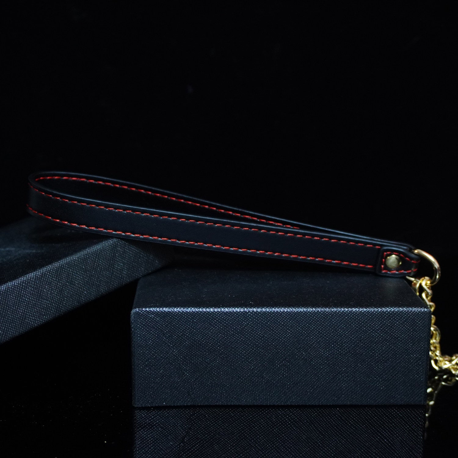 Midnight Chime - Red-Stitched Leather Bell Collar with Draped Chains
