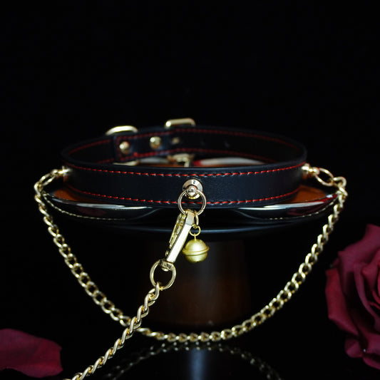 Midnight Chime - Red-Stitched Leather Bell Collar with Draped Chains