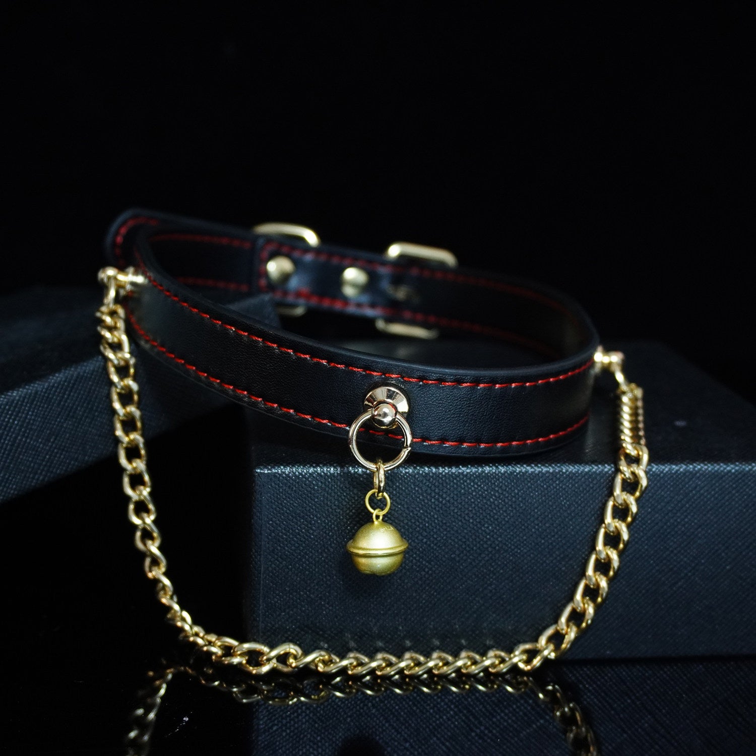 Midnight Chime - Red-Stitched Leather Bell Collar with Draped Chains