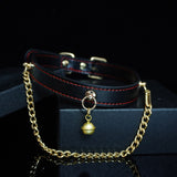 Midnight Chime - Red-Stitched Leather Bell Collar with Draped Chains