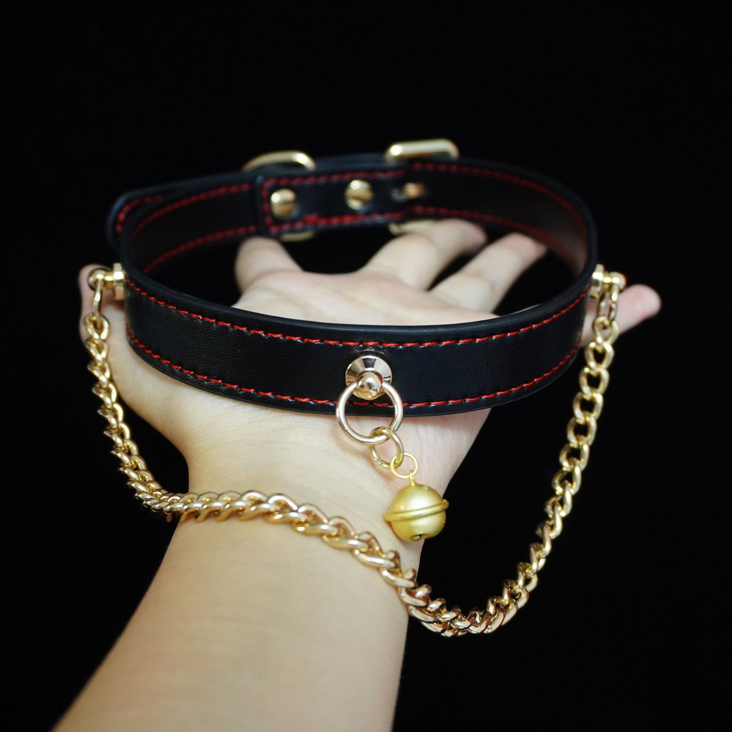 Midnight Chime - Red-Stitched Leather Bell Collar with Draped Chains