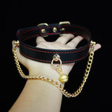 Midnight Chime - Red-Stitched Leather Bell Collar with Draped Chains