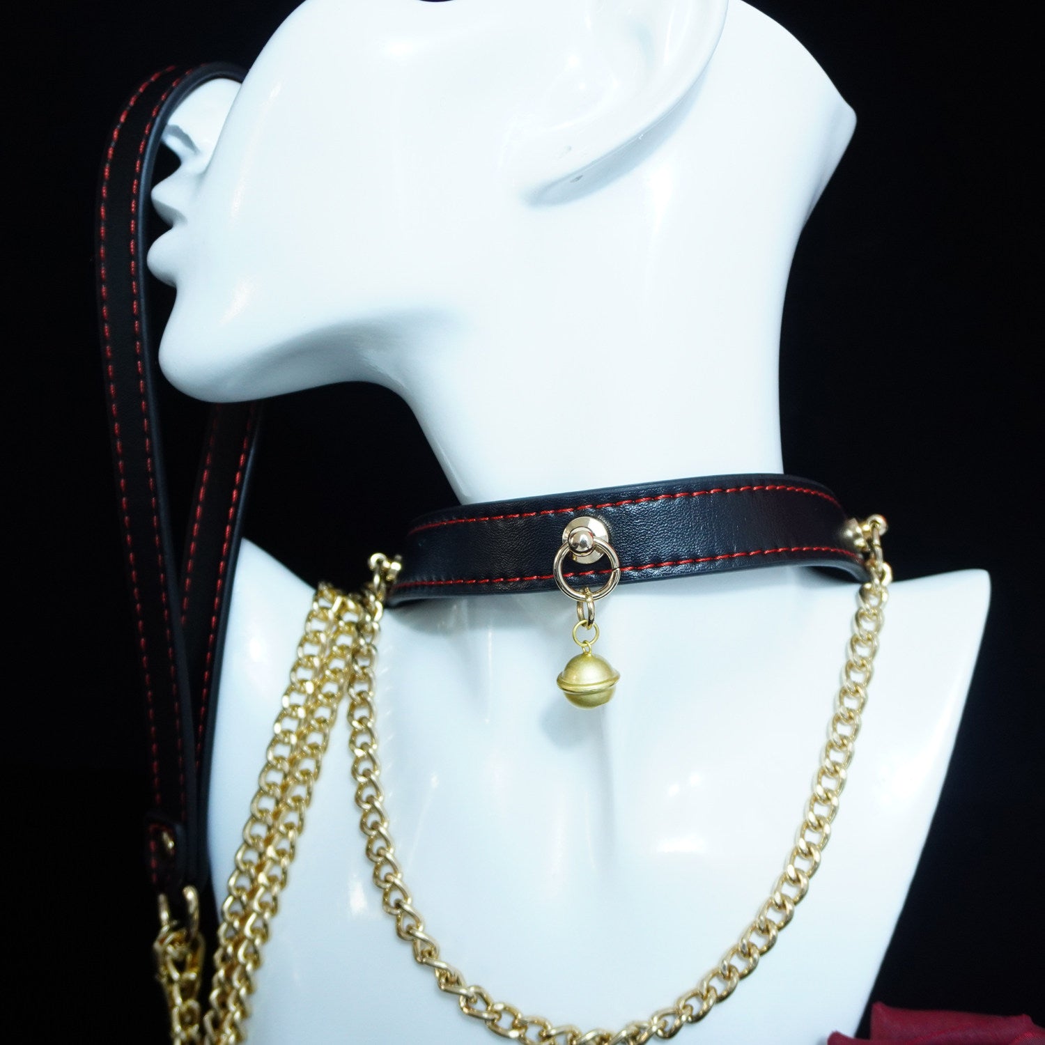 Midnight Chime - Red-Stitched Leather Bell Collar with Draped Chains