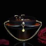 Midnight Chime - Red-Stitched Leather Bell Collar with Draped Chains