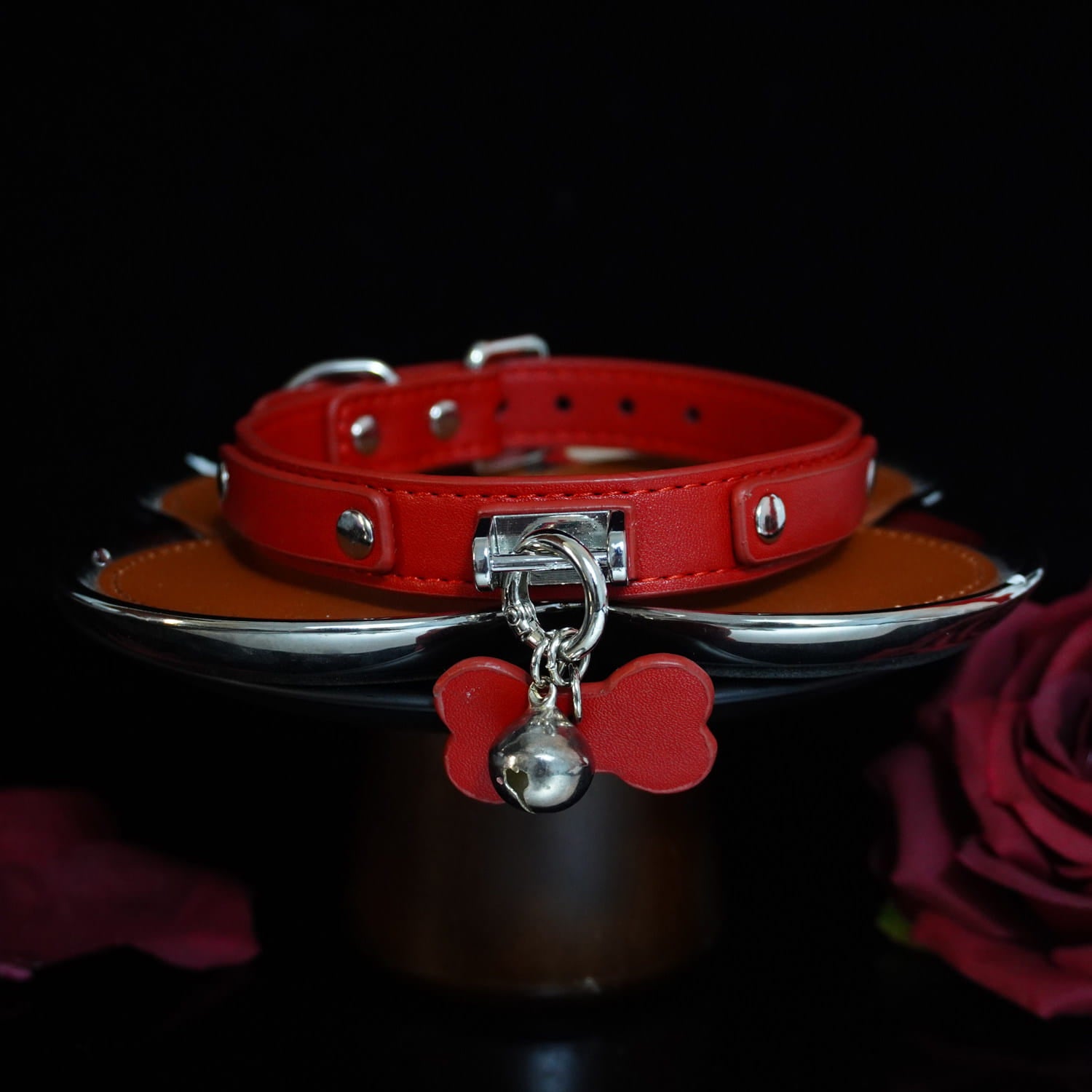 Scarlet Obedience - Crimson Leather Pet Play Collar and Silver Chain Leash
