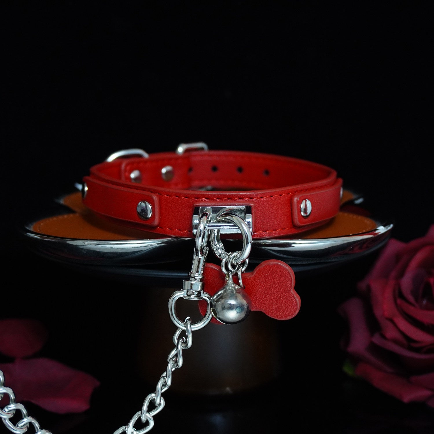 Scarlet Obedience - Crimson Leather Pet Play Collar and Silver Chain Leash
