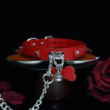 Scarlet Obedience - Crimson Leather Pet Play Collar and Silver Chain Leash