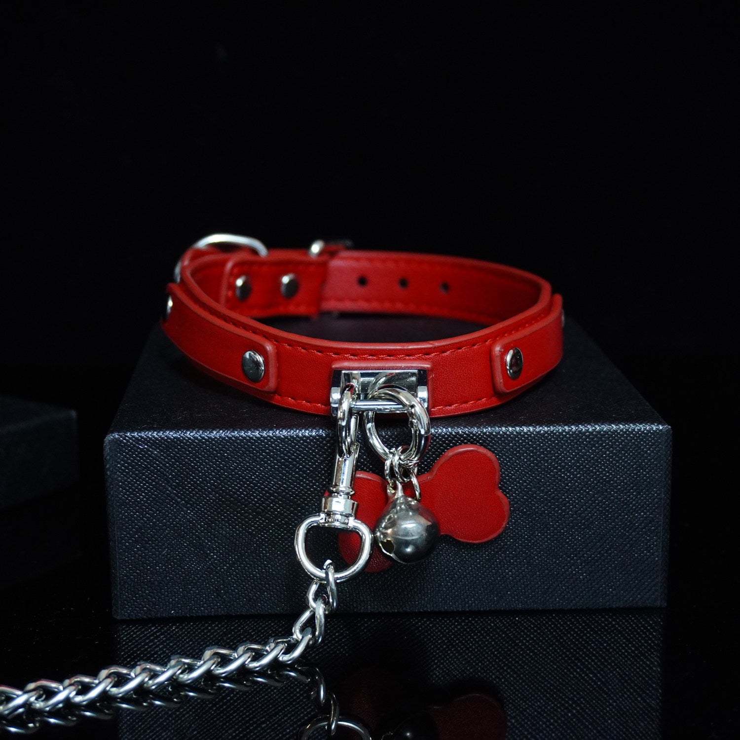 Scarlet Obedience - Crimson Leather Pet Play Collar and Silver Chain Leash
