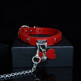 Scarlet Obedience - Crimson Leather Pet Play Collar and Silver Chain Leash