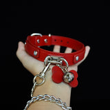 Scarlet Obedience - Crimson Leather Pet Play Collar and Silver Chain Leash