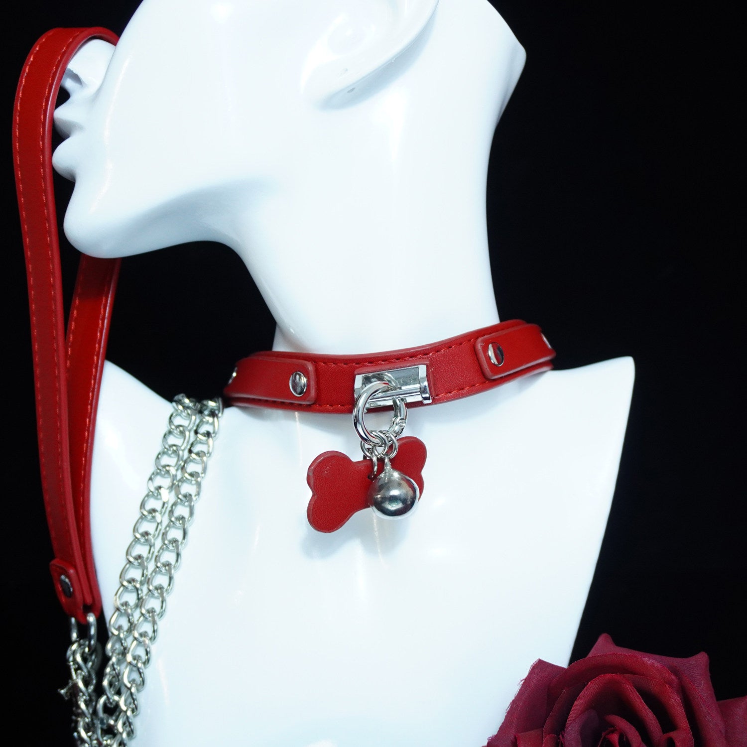 Scarlet Obedience - Crimson Leather Pet Play Collar and Silver Chain Leash