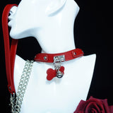 Scarlet Obedience - Crimson Leather Pet Play Collar and Silver Chain Leash