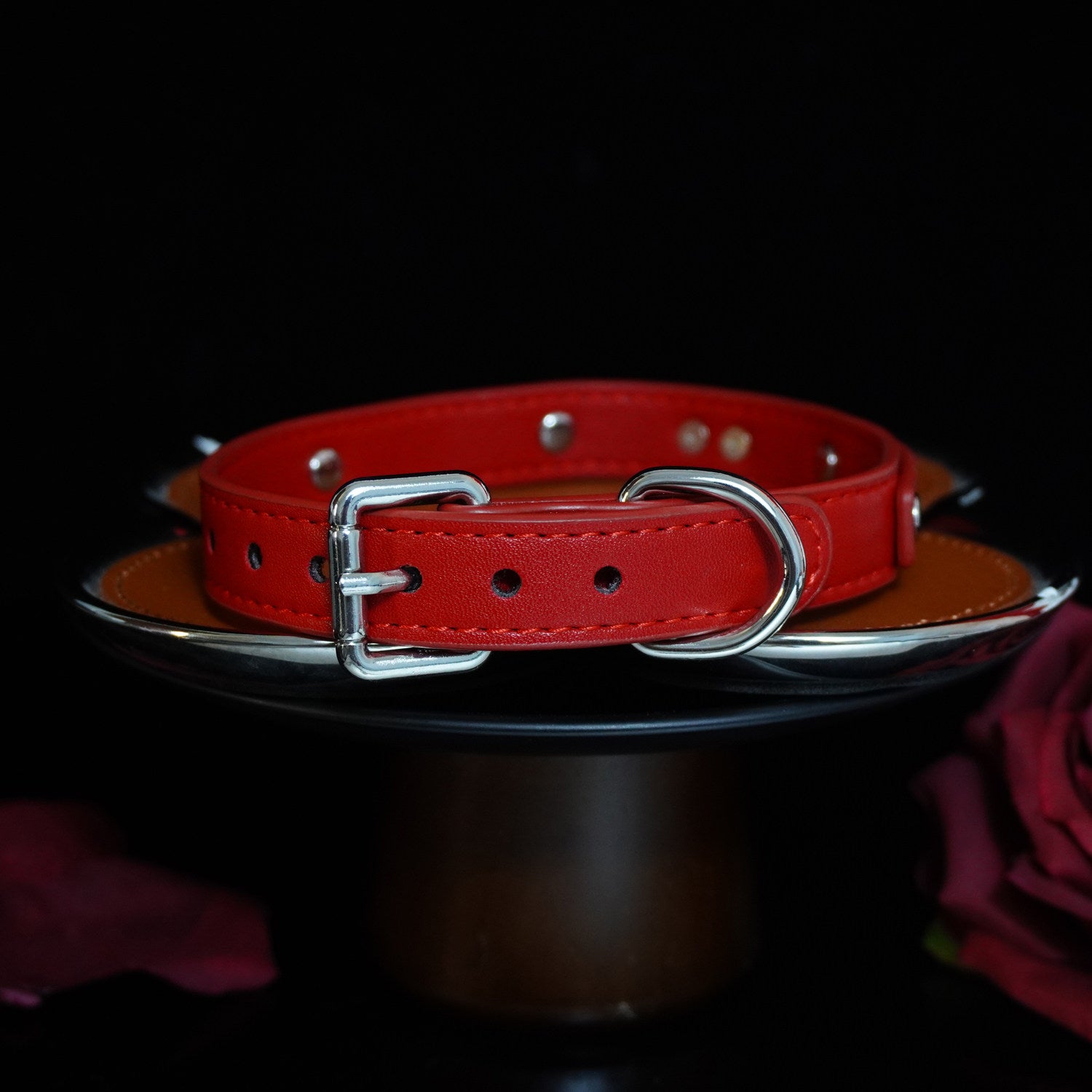Scarlet Obedience - Crimson Leather Pet Play Collar and Silver Chain Leash