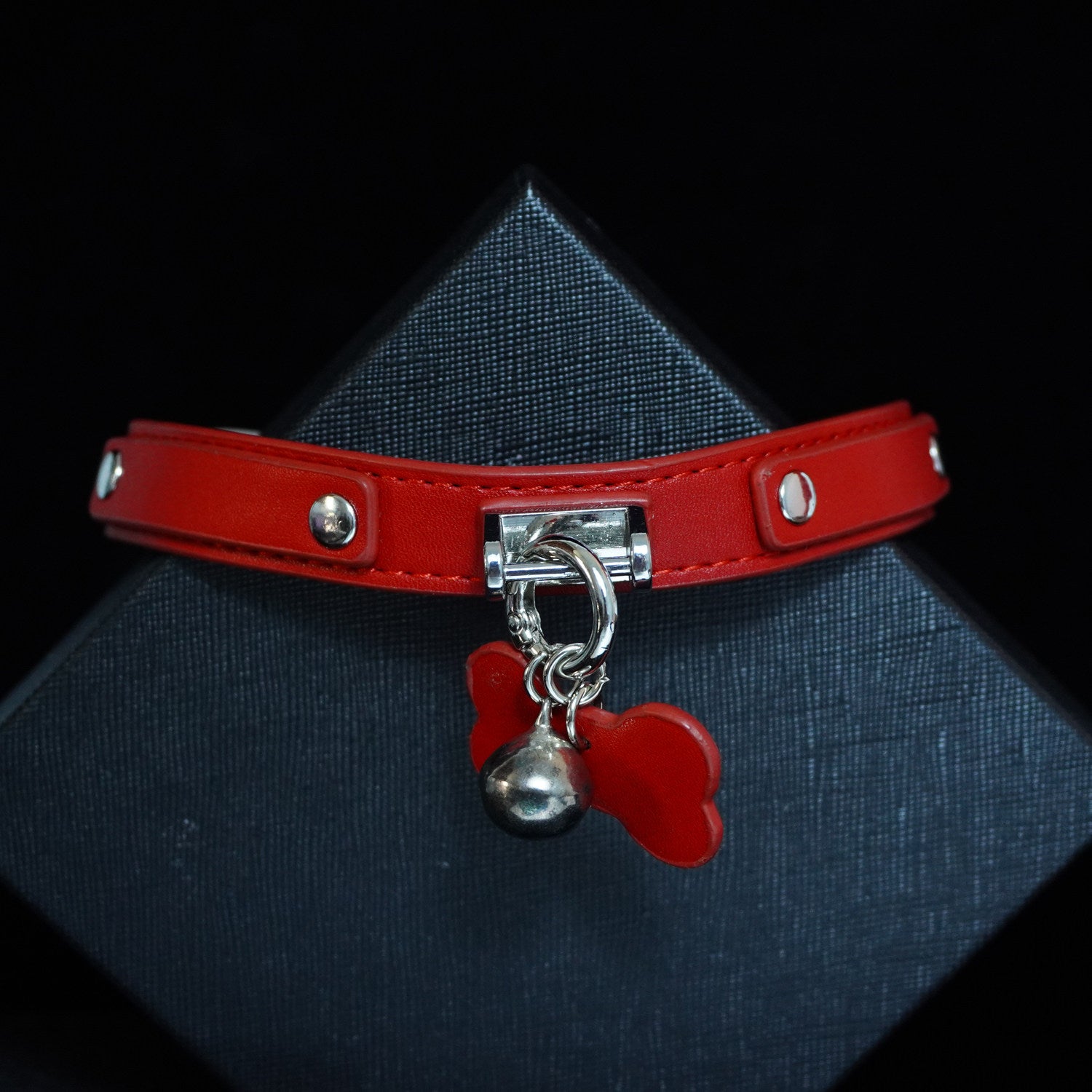 Scarlet Obedience - Crimson Leather Pet Play Collar and Silver Chain Leash