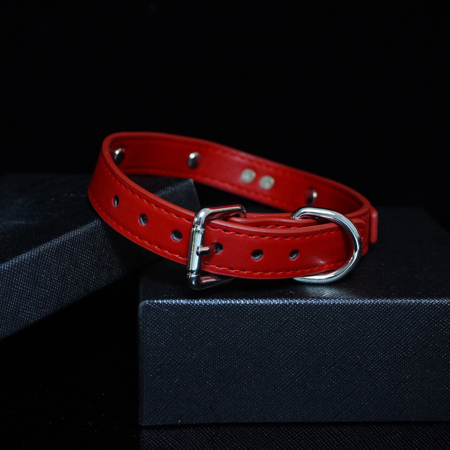 Scarlet Obedience - Crimson Leather Pet Play Collar and Silver Chain Leash