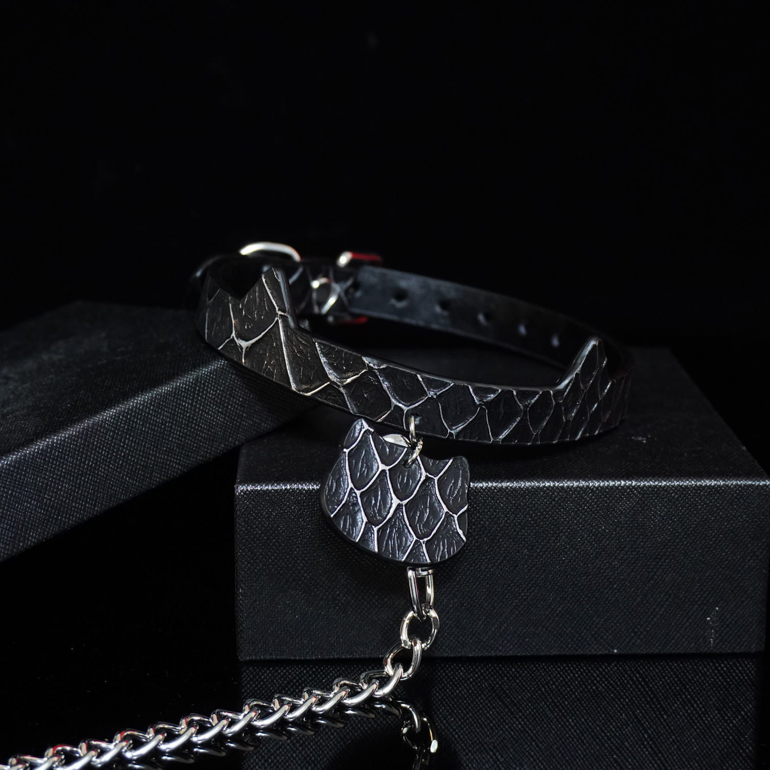 Obsidian Serpent - Kitten Play Snakeskin Textured Leather Collar and Leash