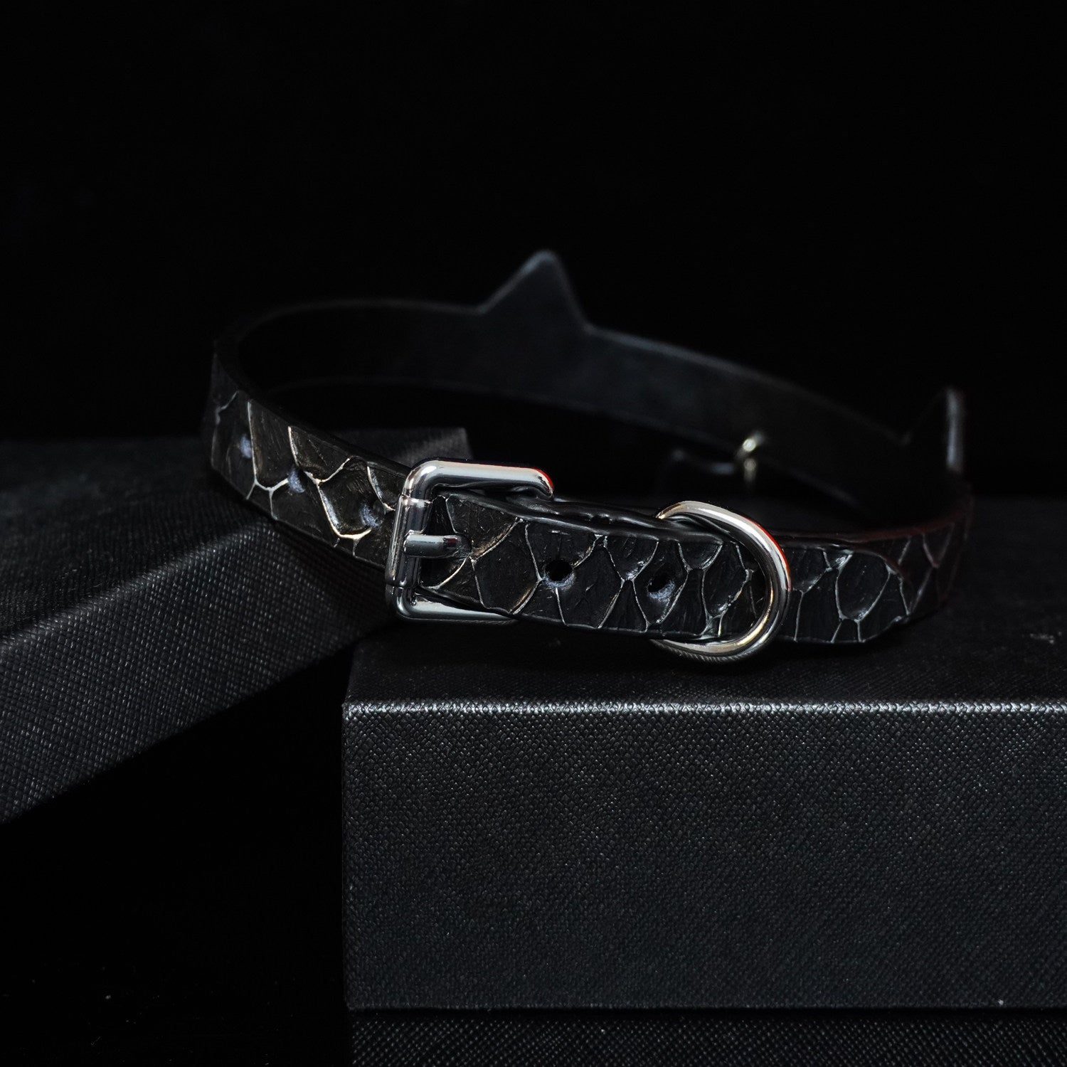 Obsidian Serpent - Kitten Play Snakeskin Textured Leather Collar and Leash
