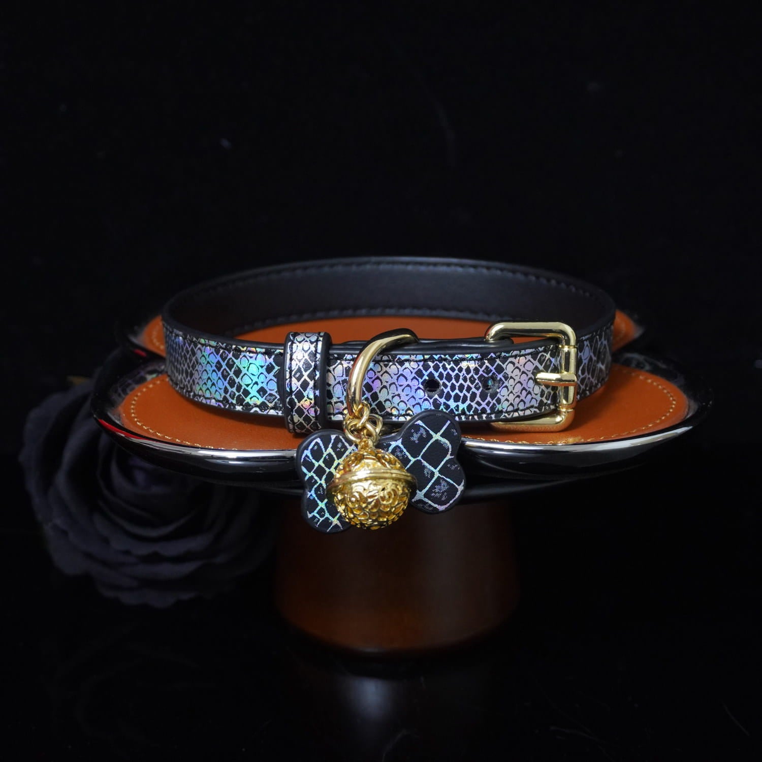 Chromatic Serpent - Holographic Snakeskin Leather Collar with Filigree Bell