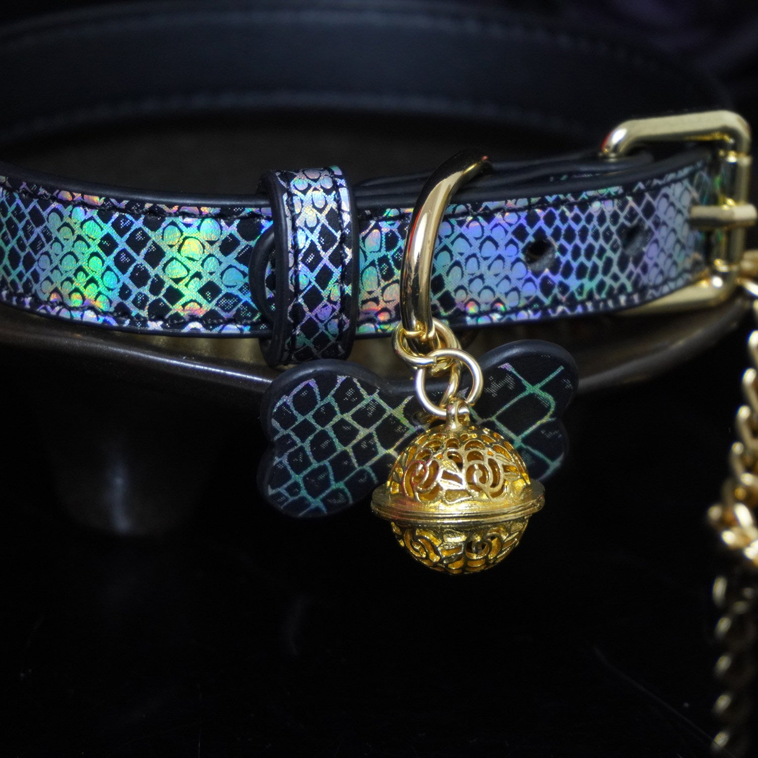 Chromatic Serpent - Holographic Snakeskin Leather Collar with Filigree Bell