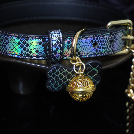Chromatic Serpent - Holographic Snakeskin Leather Collar with Filigree Bell