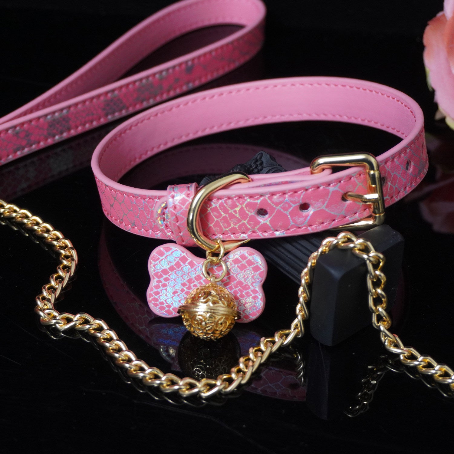 Chromatic Serpent - Holographic Snakeskin Leather Collar with Filigree Bell