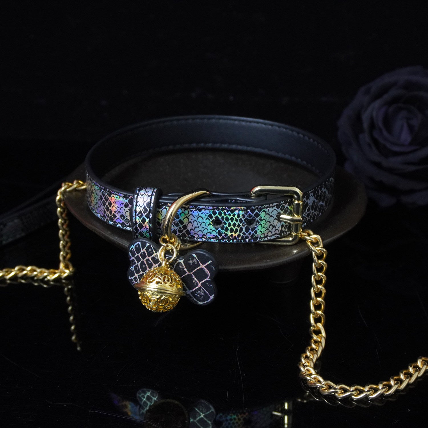 Chromatic Serpent - Holographic Snakeskin Leather Collar with Filigree Bell