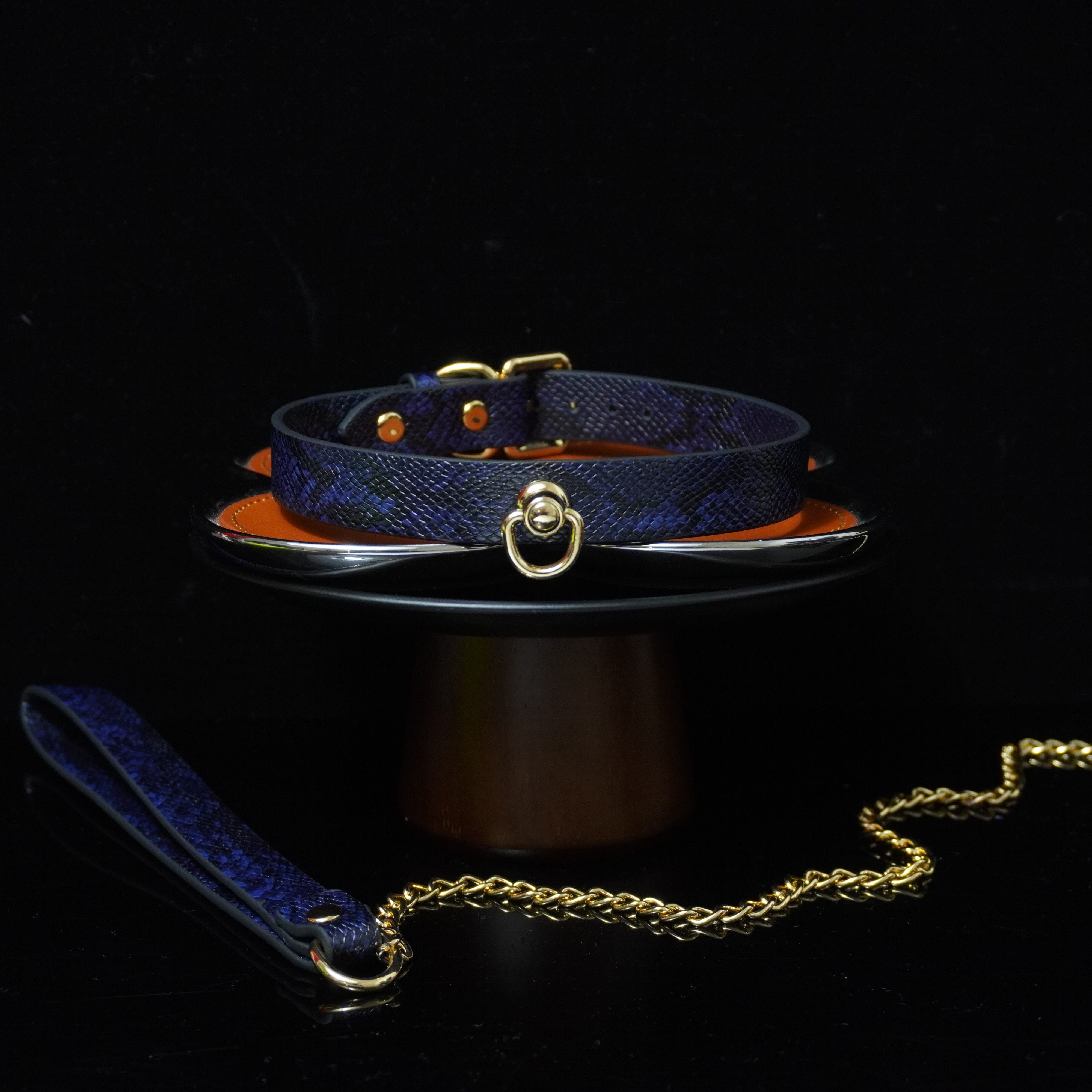 Midnight Cobalt - Snakeskin Textured Leather BDSM Collar and Gold Chain Leash