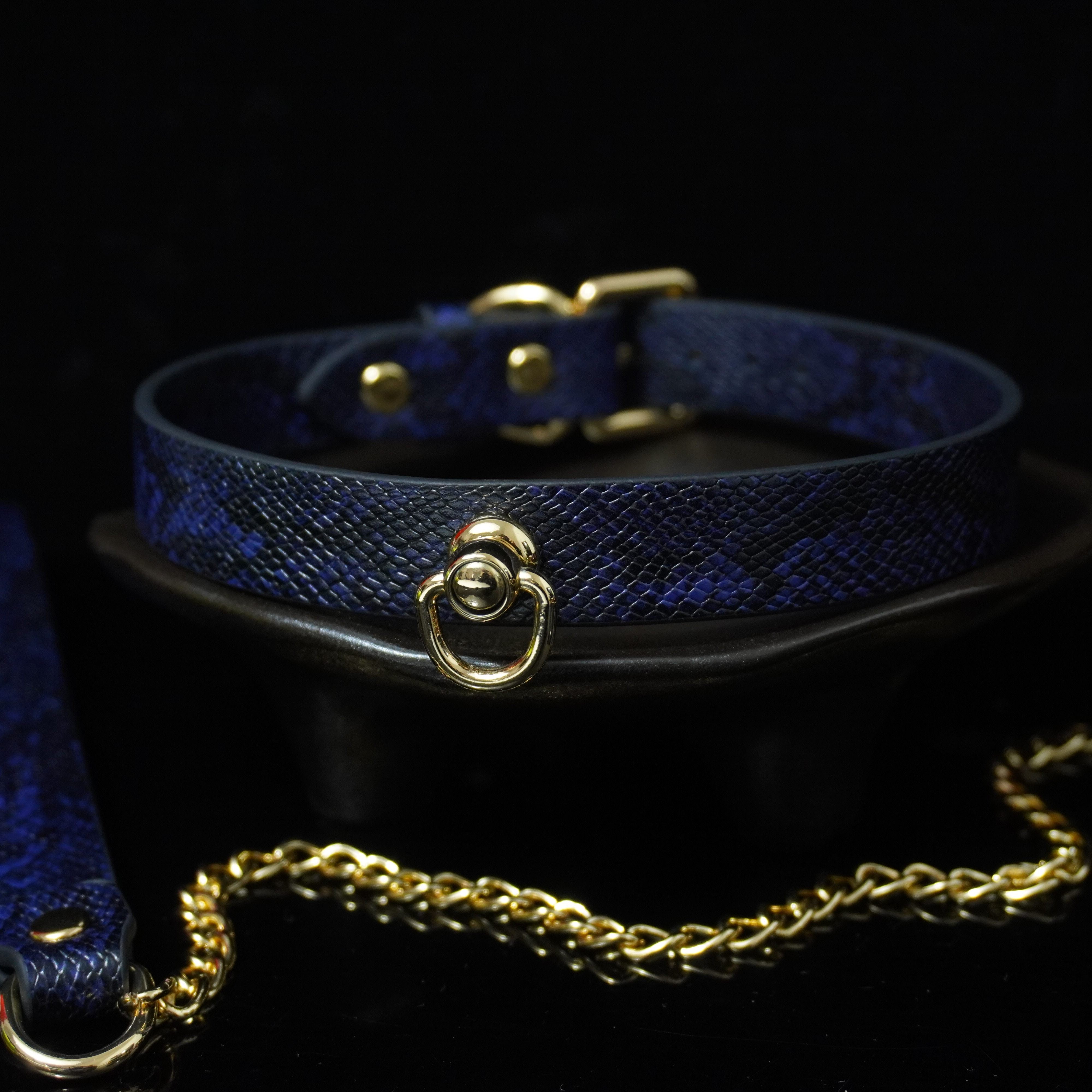 Midnight Cobalt - Snakeskin Textured Leather BDSM Collar and Gold Chain Leash